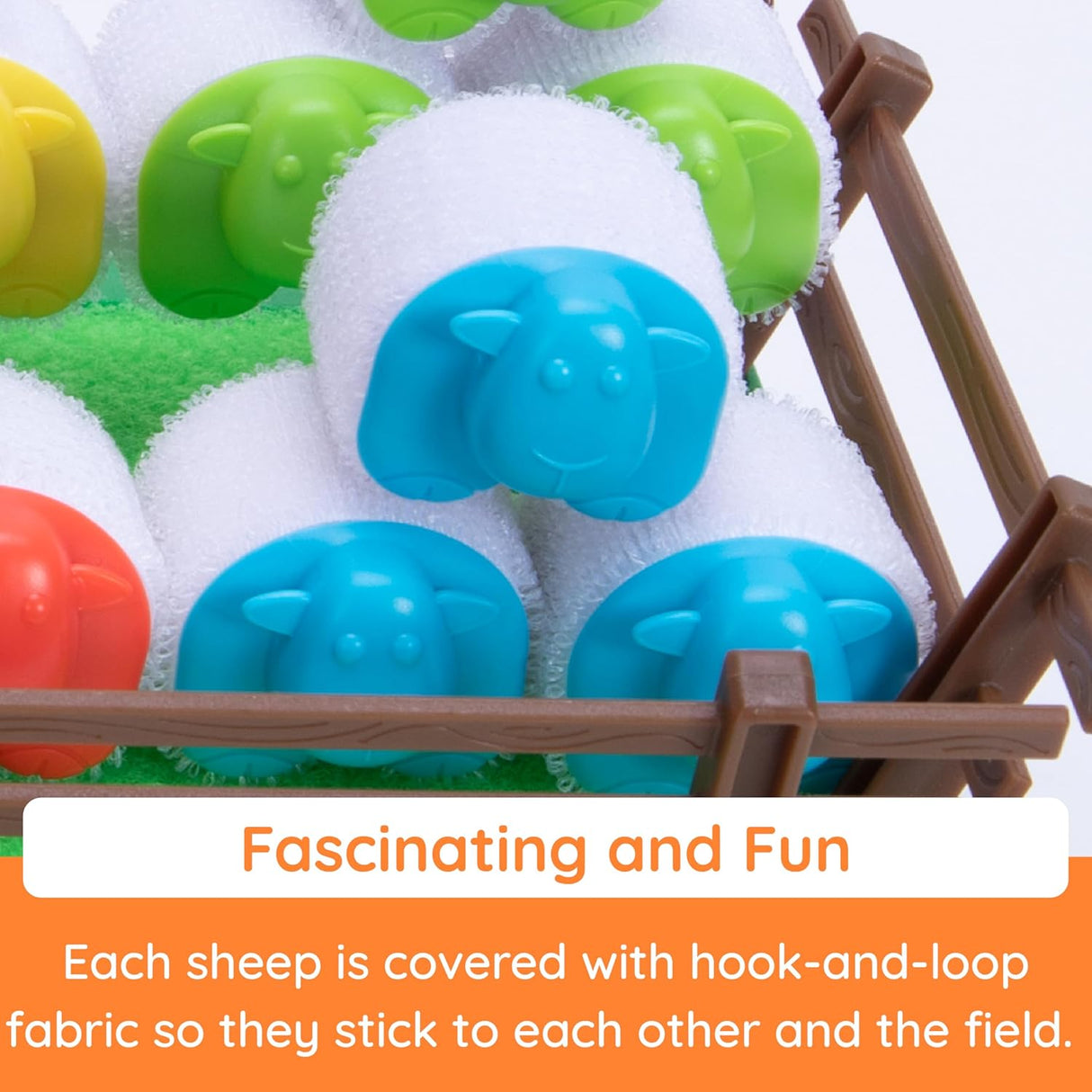 Heap-O-Sheep game showing colorful hook-and-loop sheep stacked in a fenced paddock for launching and piling play.