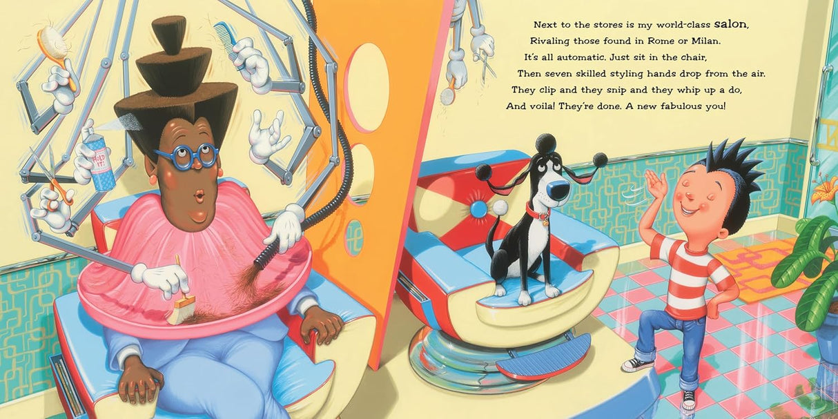 Illustration from If I Built a Town showing a futuristic salon with a stylist and a happy customer in vibrant colors.