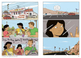 Pages from the graphic novel Halfway to Somewhere showing family road trip scenes and conversations in a new country.