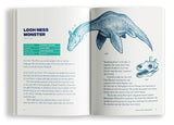 Two page spread featuring hand-drawn illustrations of the Loch Ness Monster and its skull. Information on these pages includes Factoid, and Eyewitness Accounts.