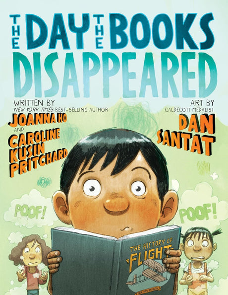 Cover of The Day the Books Disappeared shows a boy holding a book titled The History of Flight with surprised children in background.