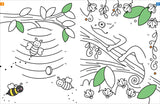 Animals Dot to Dot showing playful bees and a chameleon on branches with leaves to connect and color.