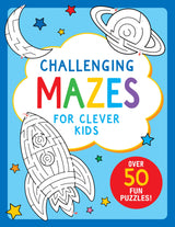 Challenging Mazes for Clever Kids activity book cover with colorful title and space-themed maze illustrations for kids ages 4-8.