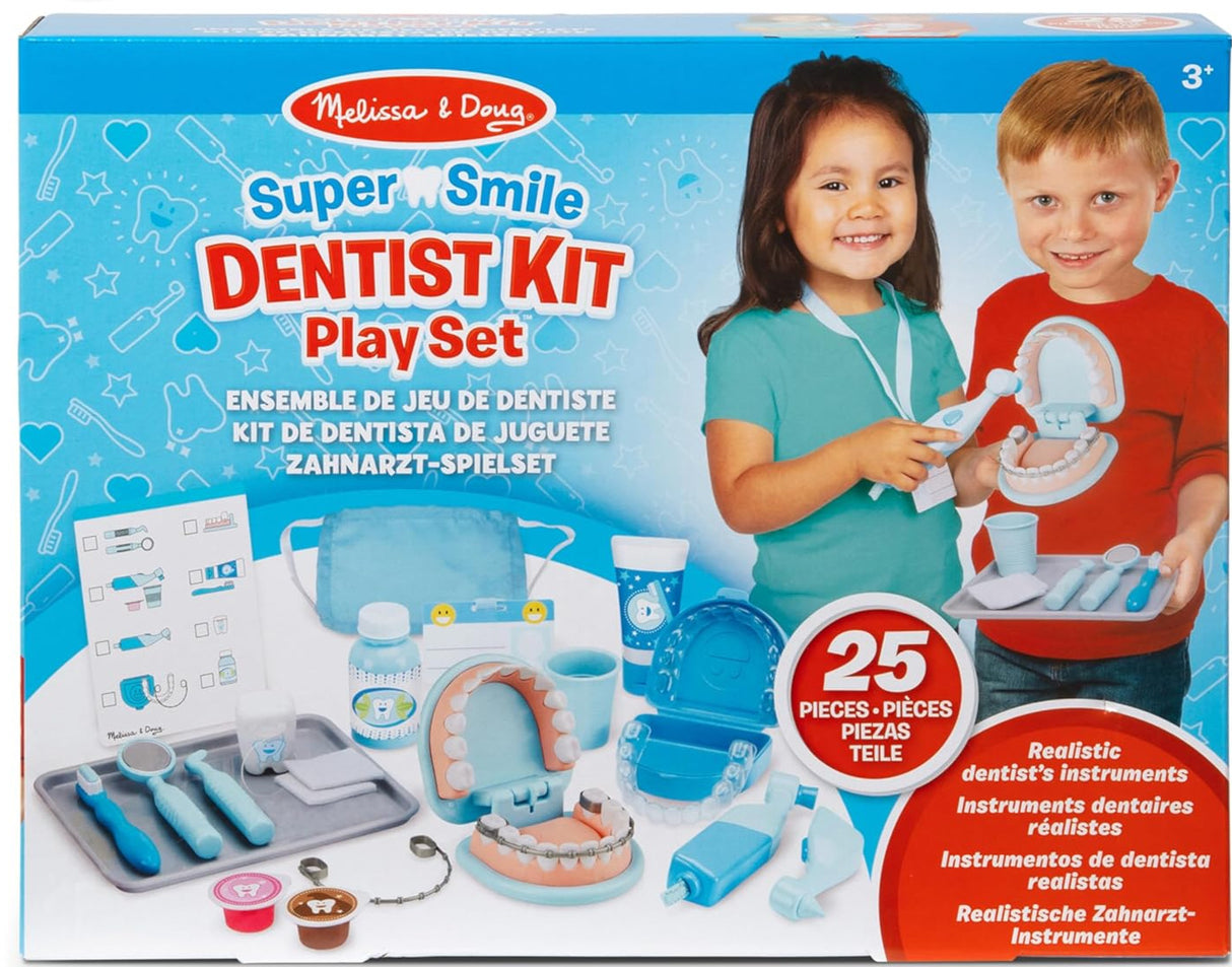 Super Smile Dentist Play Set with 25 pieces, kids role-play dental tools, oversized teeth, and accessories for fun learning.