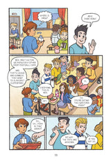 Four Eyes book comic style school scene showing Rex meeting new classmates in the cafeteria.