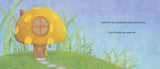 Mushroom Lullaby" illustration of a cozy yellow mushroom house with window and door on grassy hill under blue sky.