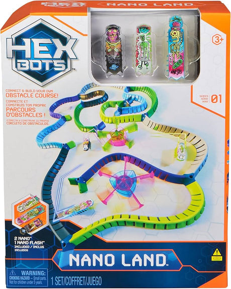 Hex Bots Nano Land Playset with buildable obstacle course and 3 colorful Hex Bug Nanos for interactive fun ages 3 and up.