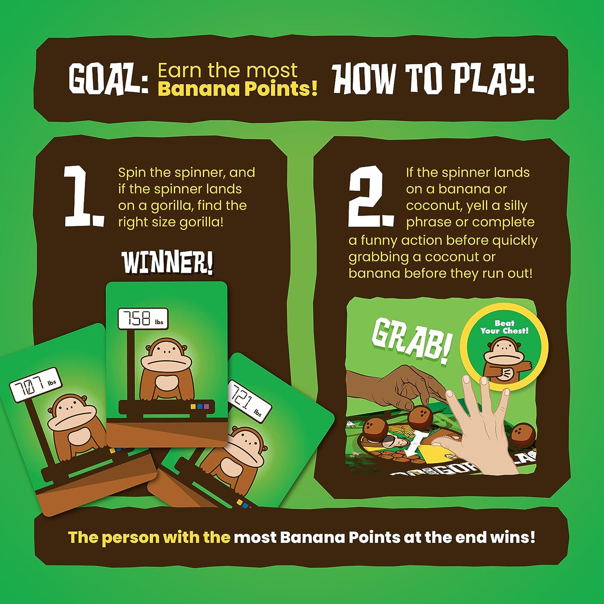 800 Pound Gorilla game instructions showing players spinning spinner and grabbing bananas and coconuts to win.