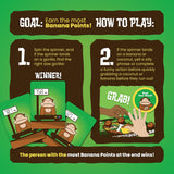 800 Pound Gorilla game instructions showing players spinning spinner and grabbing bananas and coconuts to win.