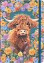 Cover of a journal featuring a detailed illustration of a Highland cow surrounded by vibrant flowers with blue elastic band closure