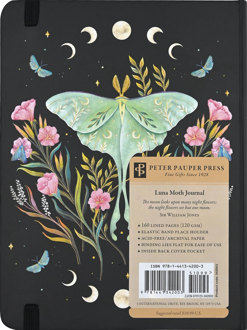 Journal cover with a glowing luna moth surrounded by pink flowers and moon phases on a black matte background