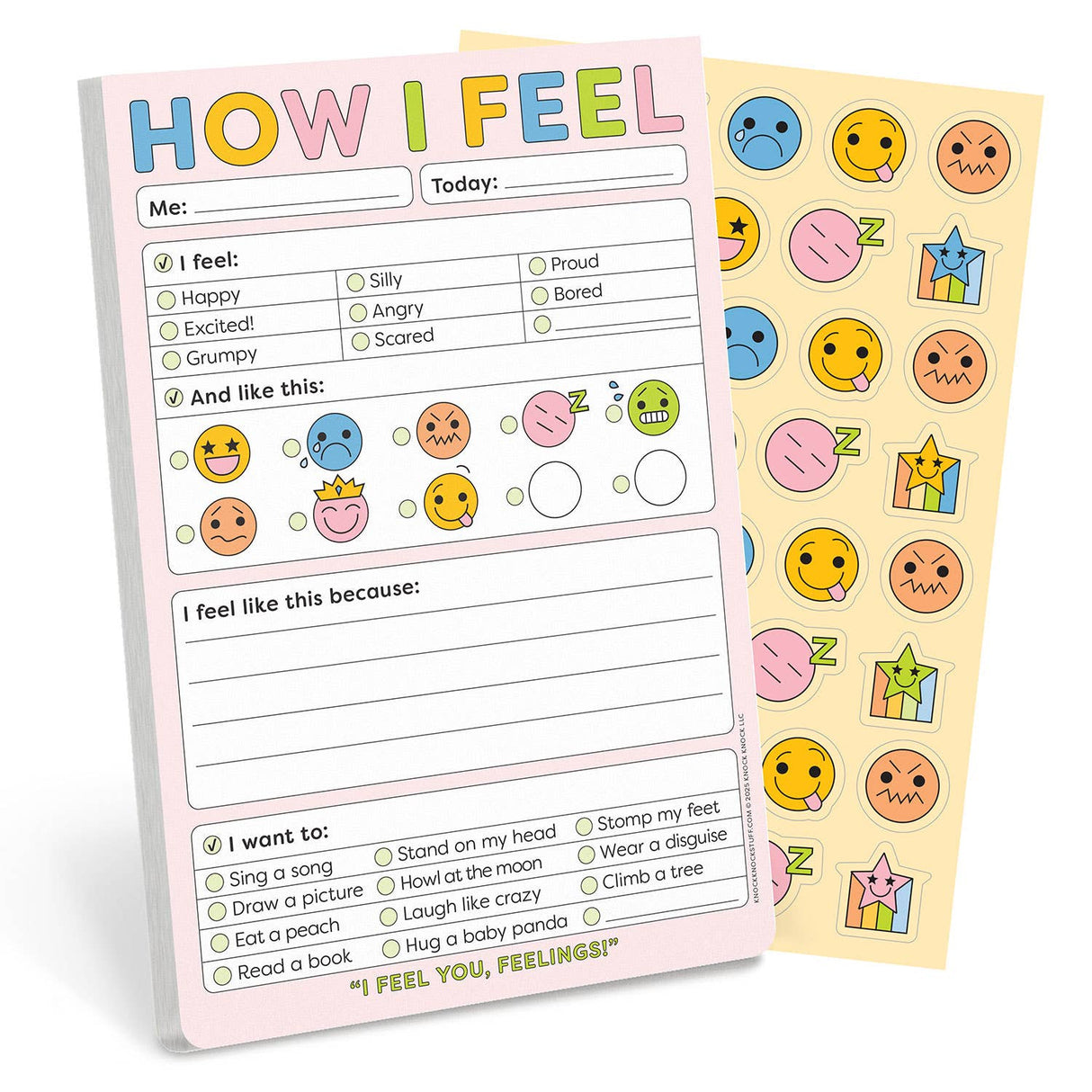 How I Feel playtime pad with feelings chart and stickers to help kids express emotions and calm down.