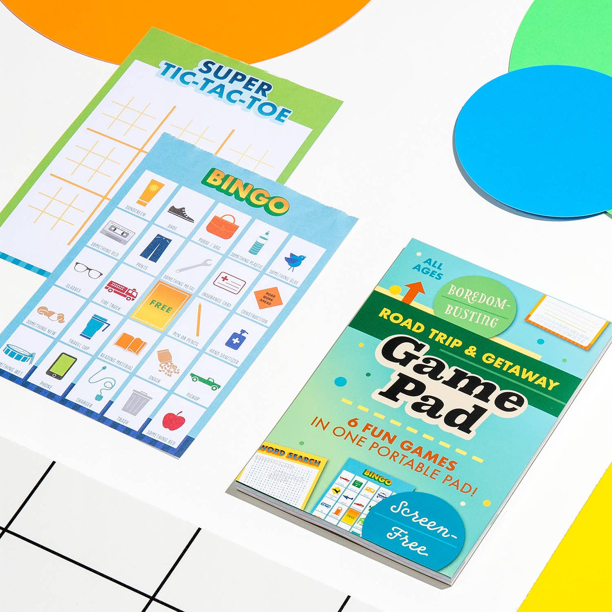 Road Trip and Getaway Game Pad with bingo and tic-tac-toe sheets offers fun screen-free games for all ages on the go