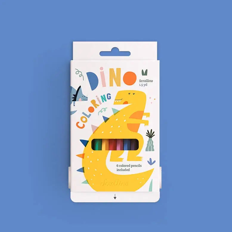 Scrollino Coloring Book | Dino with 6 colored pencils, 1.5 yd long prehistoric dinosaur-themed scroll for creative coloring.