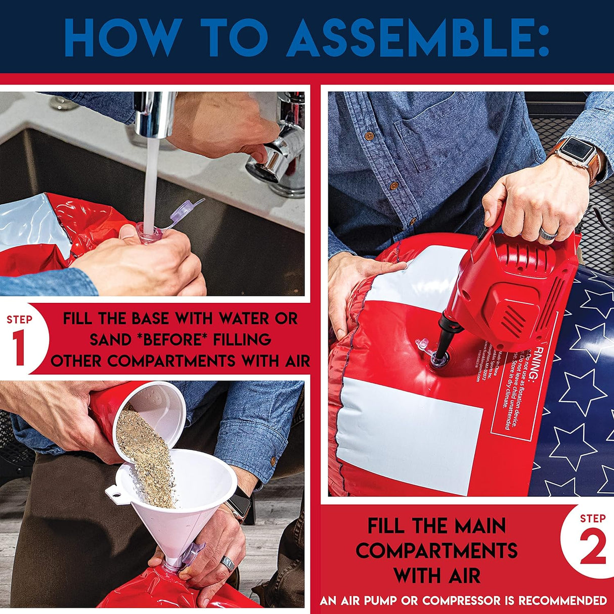 Step-by-step assembly of Punching Bag & Gloves showing filling base with water or sand and inflating main compartments.