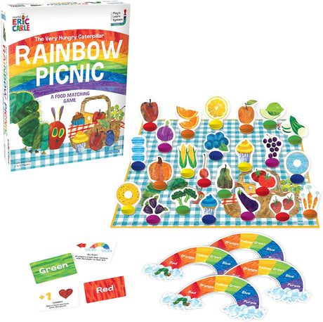 The Very Hungry Caterpillar's Rainbow Picnic game with colorful food pieces and matching cards for preschool kids.