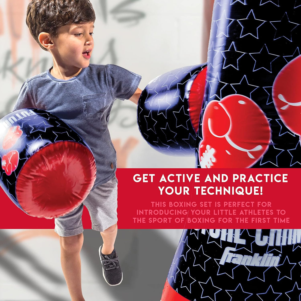 Punching Bag & Gloves set with inflatable gloves and bag for kids practicing boxing skills and hand-eye coordination.