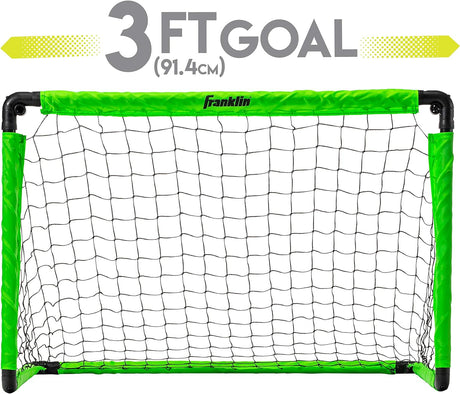 Soccer Goal with Ball & Pump featuring a 3-foot folding mini goal with green frame and black net for young players.