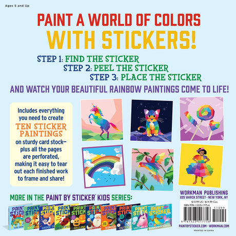 Back cover of Kids Paint by Sticker Rainbows showing steps and sample colorful rainbow sticker paintings.