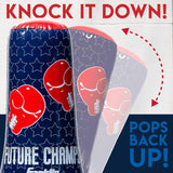 Punching Bag & Gloves set showing inflatable punching bag with red gloves graphic and motion arrows illustrating pop-back action.