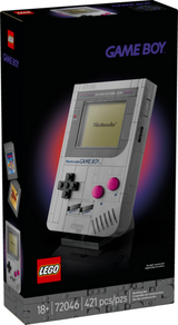 LEGO build of a classic Game Boy with buttons, screen, and interchangeable game cartridges on a display stand