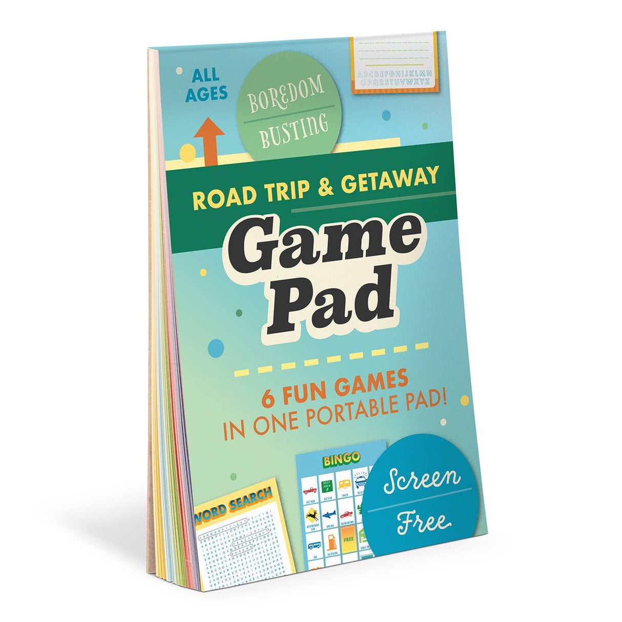 Portable Road Trip and Getaway Game Pad with six fun games for all ages, screen-free entertainment on the go