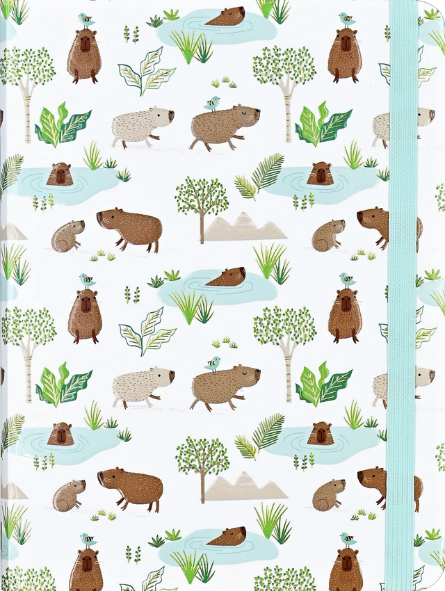 Capybara Life Journal with playful capybara and nature illustrations, light blue elastic closure, and durable hardcover binding.