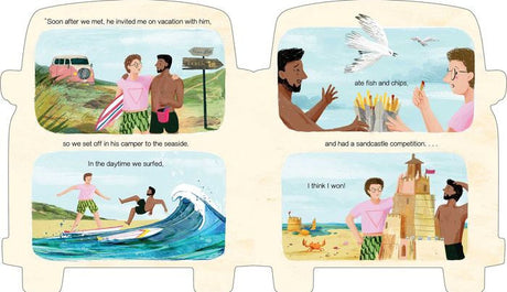 Grandad's Camper board book pages showing grandad and granddaughter surfing, eating fish and chips, and building a sandcastle.