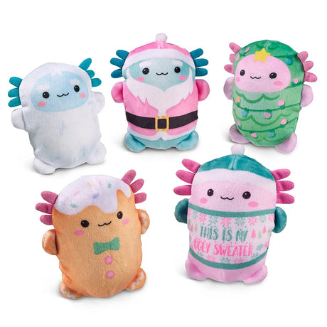 Bubble Stuffed Squishy Friend A Very Axolotl Xmas plush toys in festive holiday designs with squishy bubble balls inside.