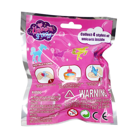 Packaging of Unicorn Fizzy showing instructions and warning for collectible fizzing unicorn egg toy transforming in water