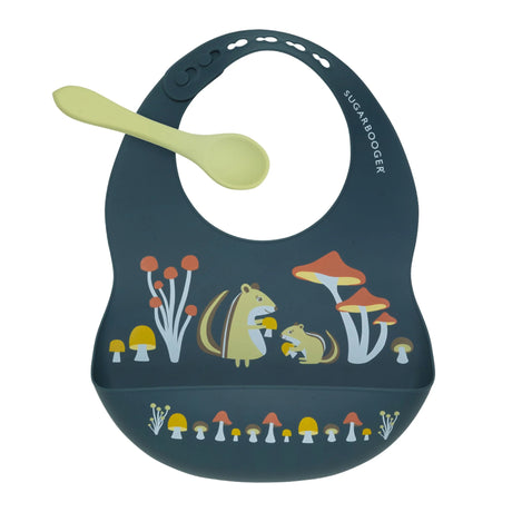 Fresh & Messy Silicone Bib & Spoon Set Mostly Mushrooms with chipmunks and mushrooms, silicone bib and matching spoon.