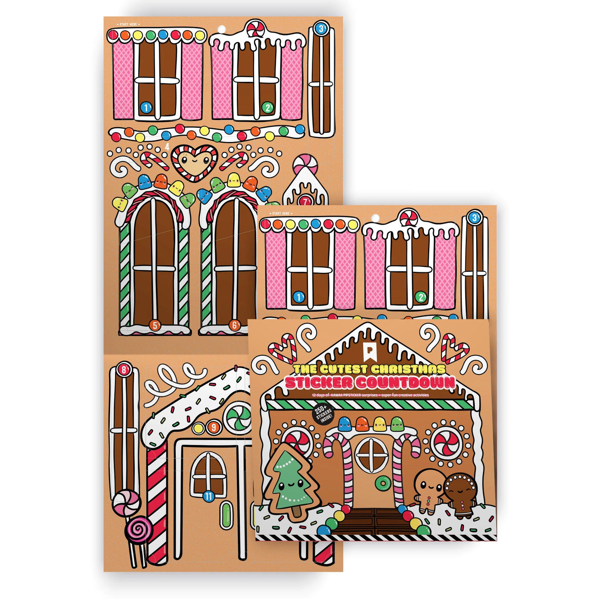Kawaii Christmas Sticker Advent Calendar shaped like a gingerbread house with colorful festive sticker sheets inside.