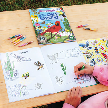 Learn to Draw | Bugs, Birds & Butterflies book with crayons, stickers, and drawing in progress on desert wildlife.