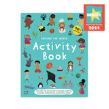 Cover of "Around the World Activity Book: Explore the World with Puzzles, Crafts, Quizzes, Imagination Starters, & More". Features cartoon illustrations of kids and objects around the world.