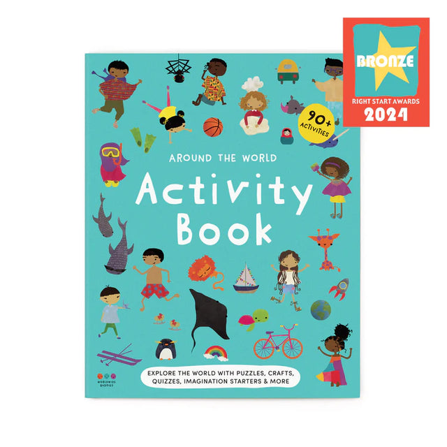 Cover of "Around the World Activity Book: Explore the World with Puzzles, Crafts, Quizzes, Imagination Starters, & More". Features cartoon illustrations of kids and objects around the world.