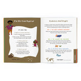 Open page in an activity book featuring a cartoon depiction, quiz, and activities about a child from Nigeria.