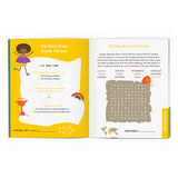 Open page in an activity book featuring a cartoon depiction, quiz, and activities about a child from South Africa.