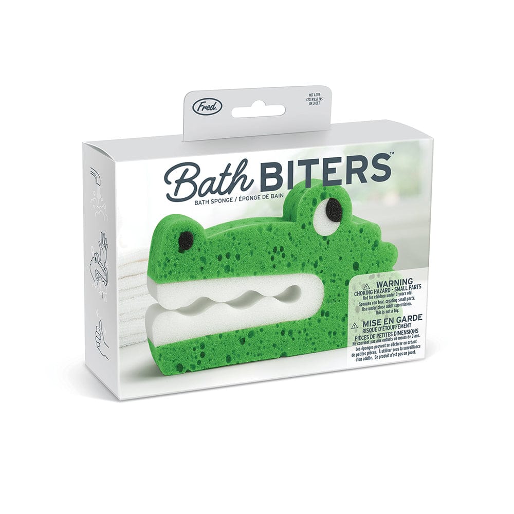 Bath Biters Croc large green crocodile-shaped bath sponge, soft and gentle, perfect for kids 3 and up.