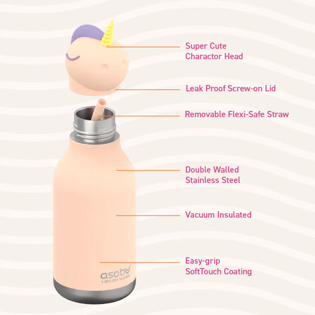 Asobu Water Bottle | Unicorn with soft unicorn head, leak-proof lid, removable straw, and double-walled stainless steel design
