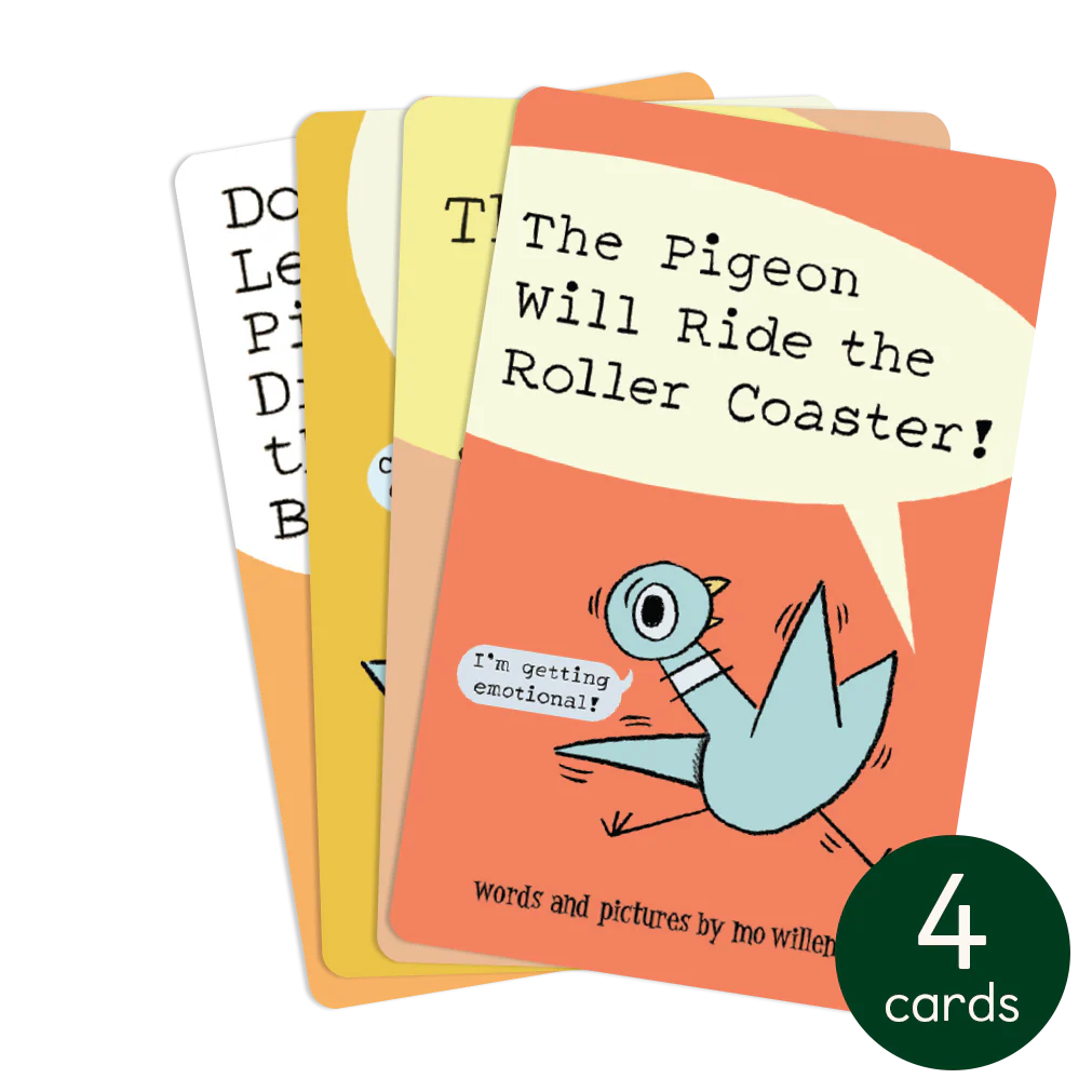 Four illustrated story cards featuring the Pigeon from Don't Let the Pigeon Drive the Bus series by Mo Willems