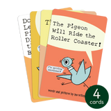 Four illustrated story cards featuring the Pigeon from Don't Let the Pigeon Drive the Bus series by Mo Willems
