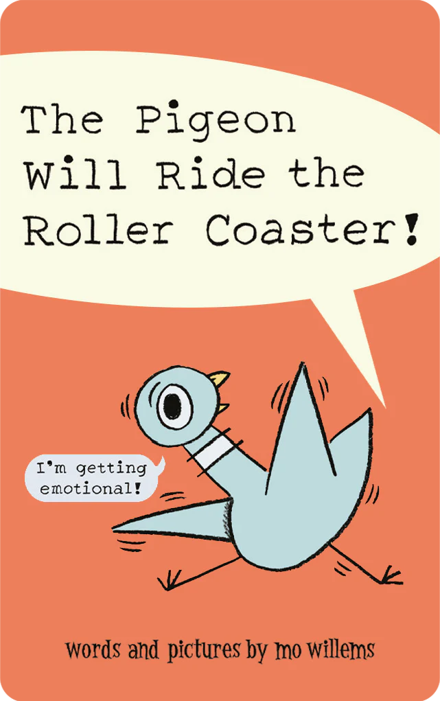 Illustration of a pigeon excitedly announcing it will ride the roller coaster with playful text.