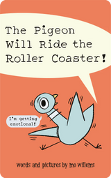 Illustration of a pigeon excitedly announcing it will ride the roller coaster with playful text.