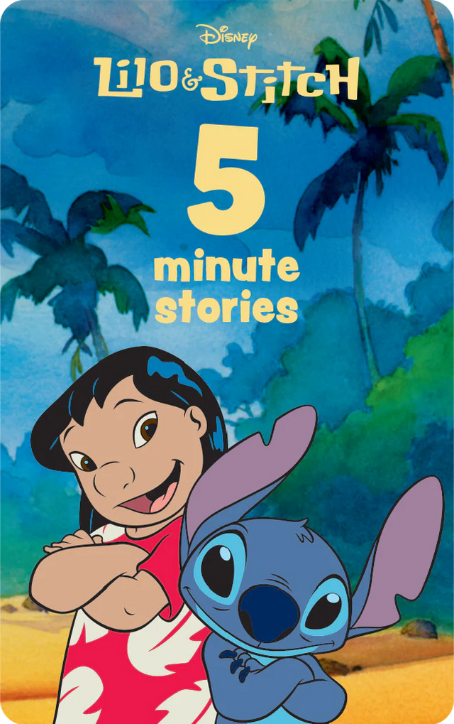 Lilo and Stitch standing with arms crossed on a tropical beach background with five minute stories text above them