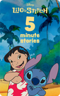 Lilo and Stitch standing with arms crossed on a tropical beach background with five minute stories text above them