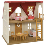 Red Roof Cozy Cottage toy with doll, bed, dining set, kitchen, and ladder in a two-story playhouse.
