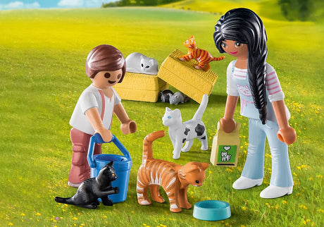 Country | Cat Family set with two figures, three cats, two kittens, and hay bales on a farm scene for children.