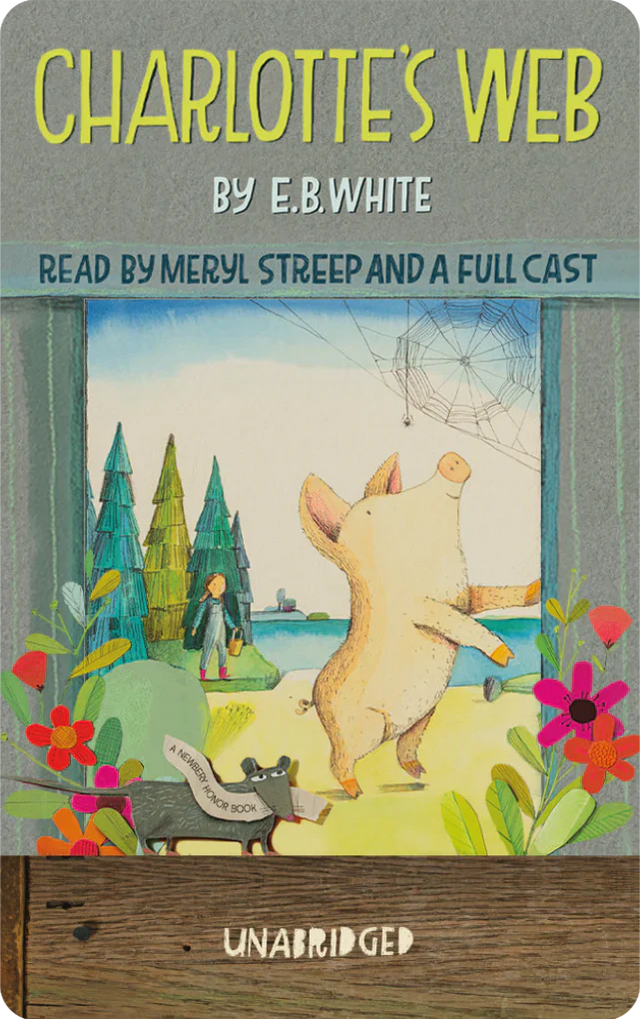 Yoto | Charlotte's Web audiobook cover with Wilbur the pig and a spider's web in an illustrated barn scene.
