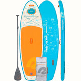 Weekender Nano Kids' Inflatable Paddle Board in Surfer Blue with paddle, pump, and carrying bag shown flat and inflated.