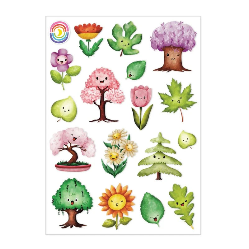 A sheet of stickers measuring 4.25" x 5.8" with vibrant smiling trees, leaves, and flowers. 